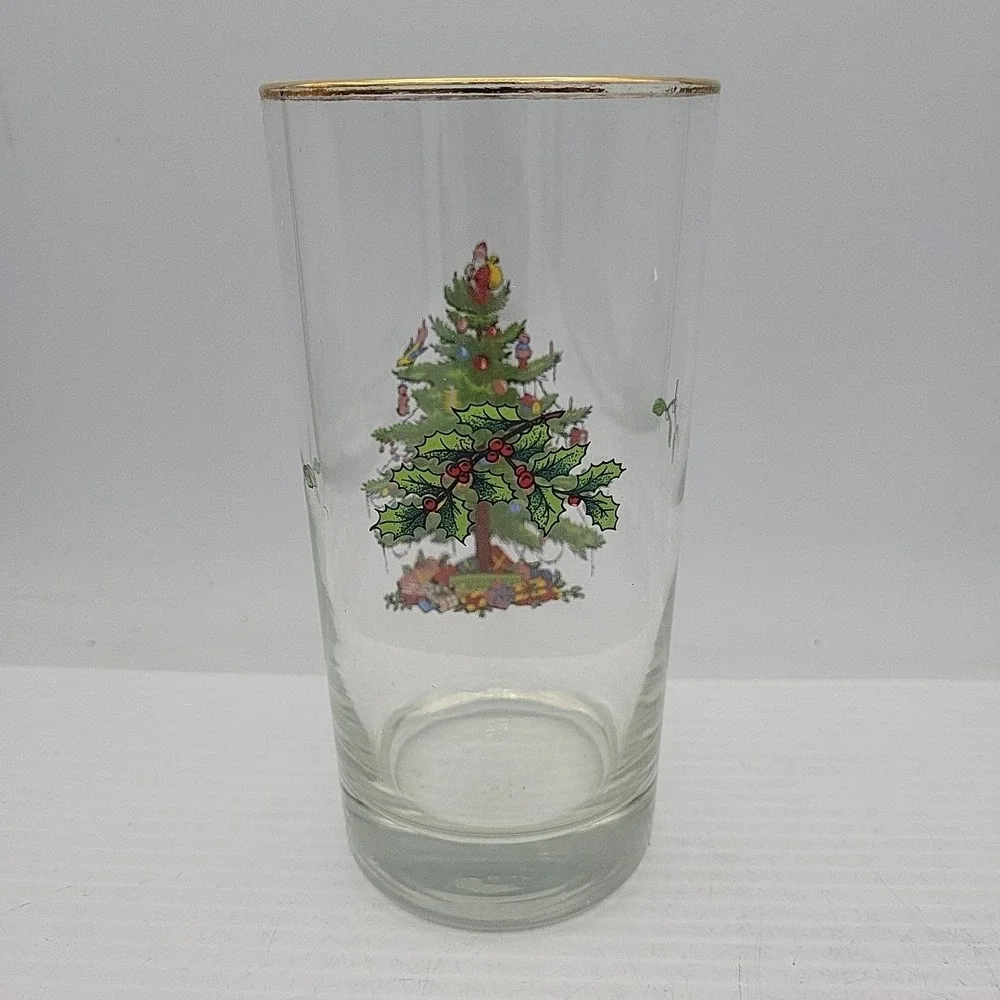Spode Christmas Tree Gold Rim Highball Glass 14oz Made in UK Holiday Barware